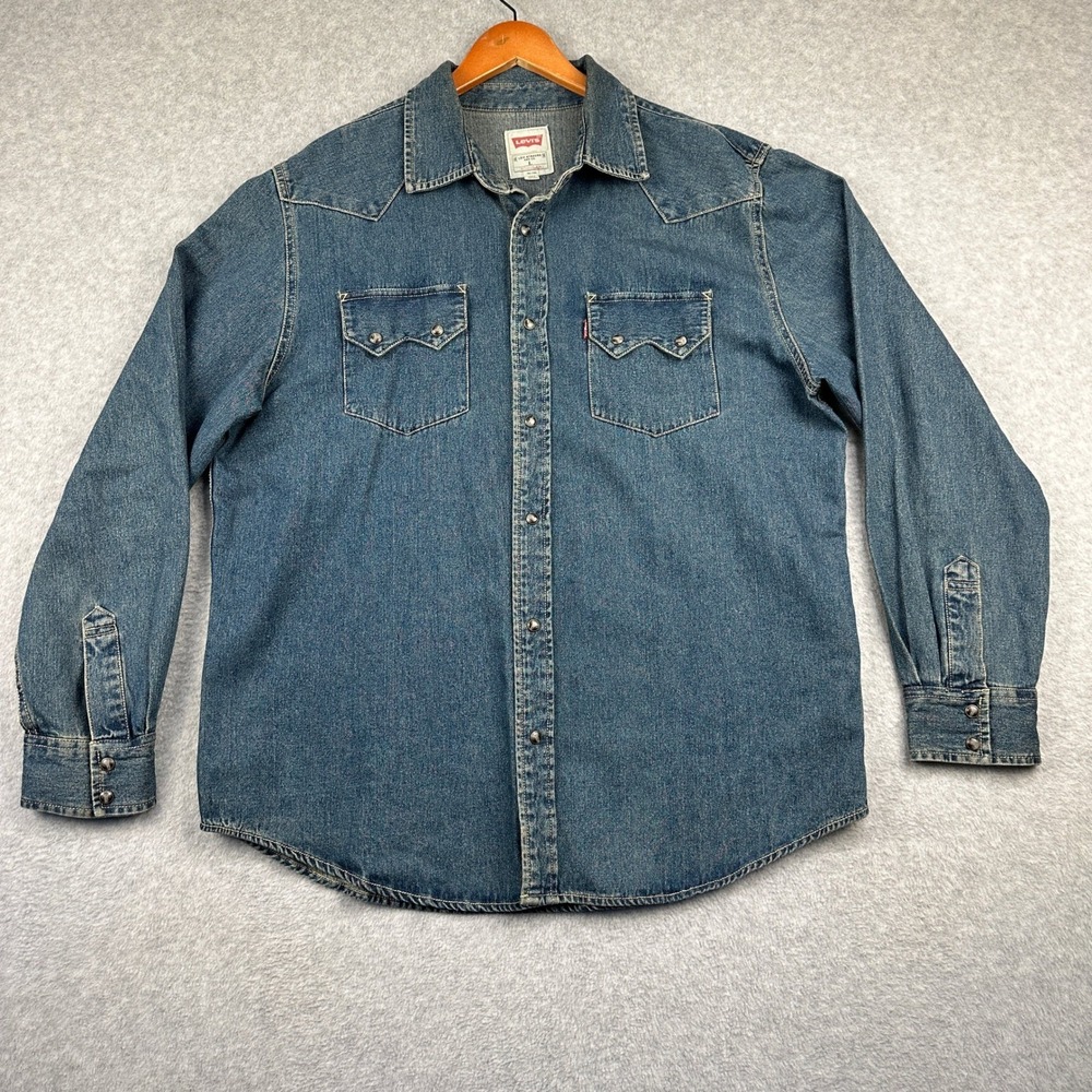 Levi Strauss Red Tab Western Pearl Snap Denim Shirt Mens Large Saw Tooth